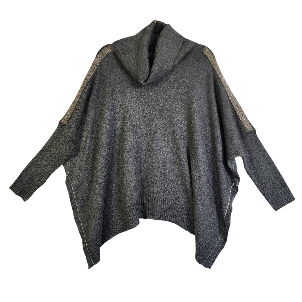 Chicos Womens Cowl Neck Poncho Sweater Size S/M Charcoal Gray Metallic Trim